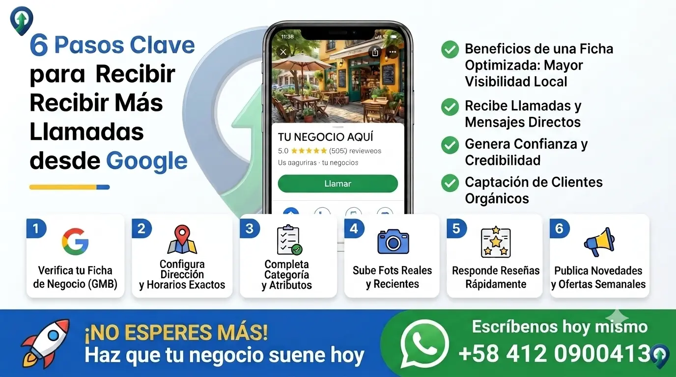 Estrategia visual optimizada para Google Business Profile y Google Maps. Aprende los pasos clave para configurar tu perfil, unificar tus datos y activar botones de llamada directa para que tu negocio local empiece a sonar sin depender de publicidad pagada.