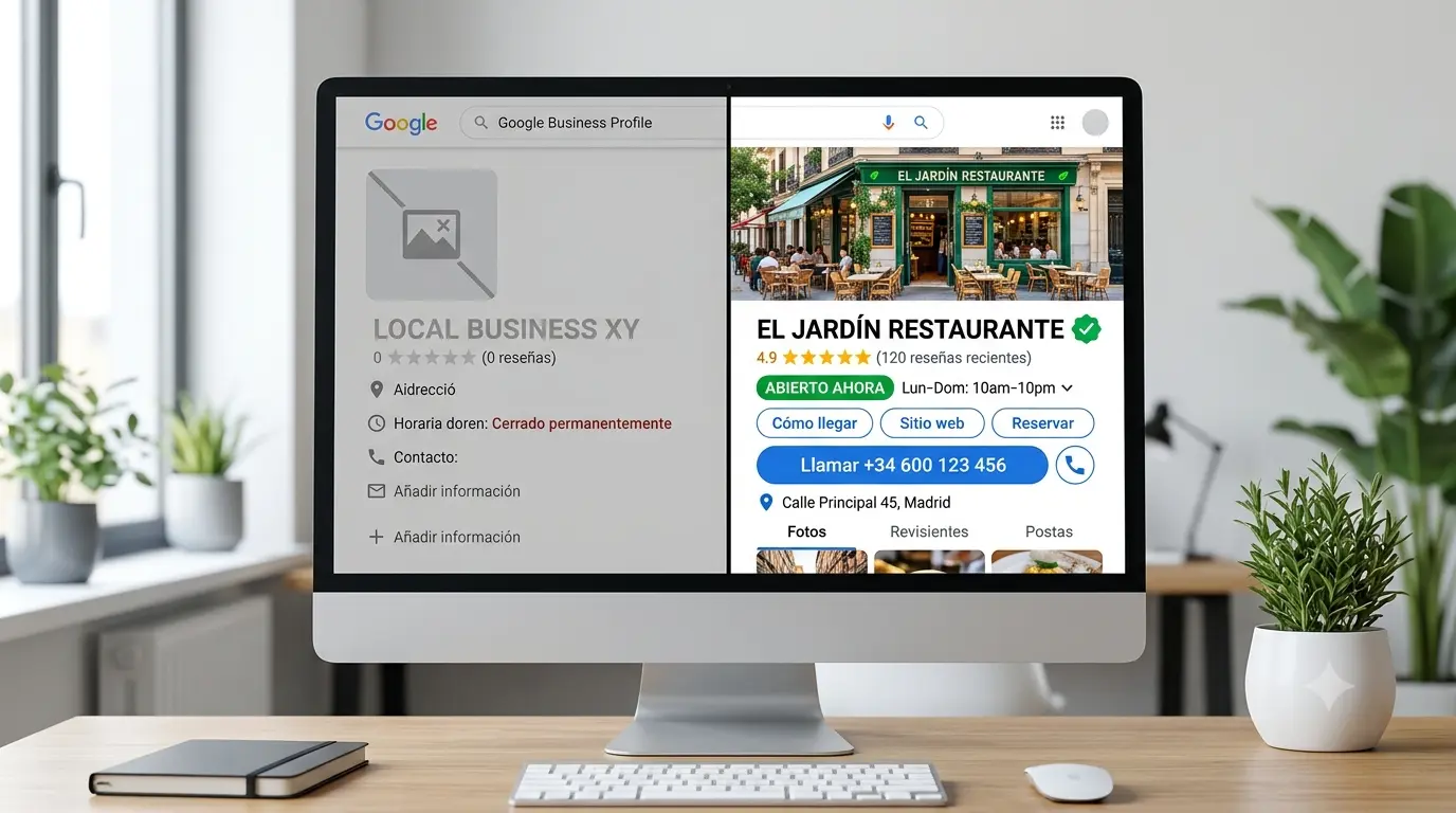 Comparativa visual entre un perfil de Google Maps abandonado sin reseñas ni fotos, y un perfil completamente optimizado con verificación, reseñas positivas, horario actualizado y teléfono visible.