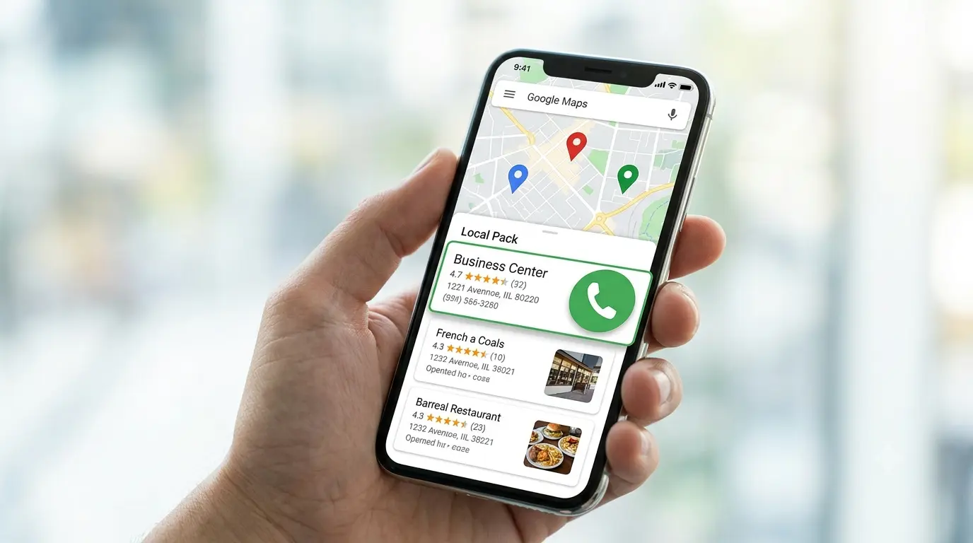 Captura realista de Google Maps en un teléfono móvil mostrando el Local Pack con tres negocios, donde el primer resultado tiene el botón de llamada verde activado para contactar directamente.